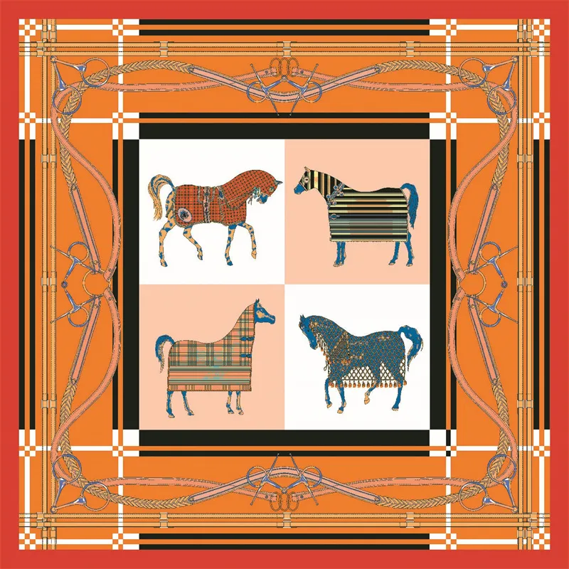 Foulard carré classique en soie de mûrier 100%, 53cm, écharpe cadeau pour femmes, motif cheval, nouvelle écharpe en soie imprimée, vente en gros