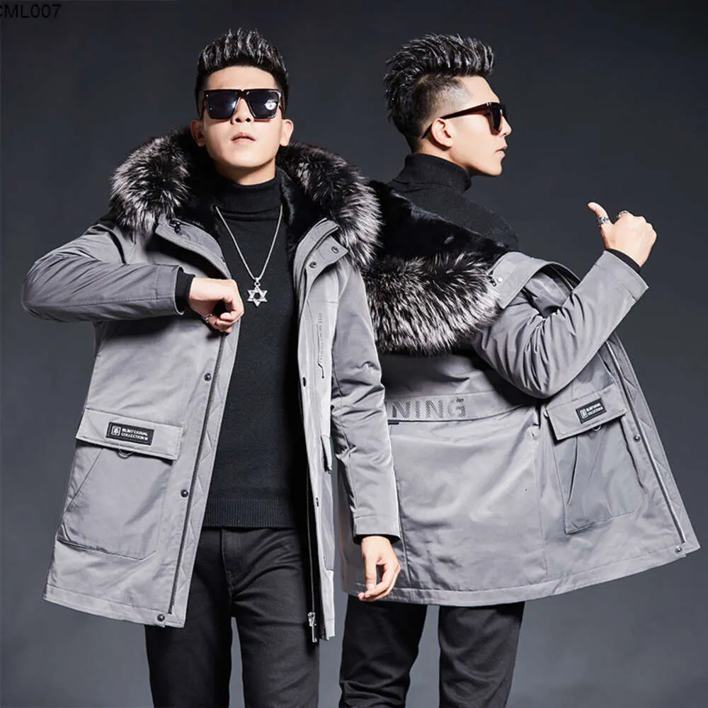 Silver Fox Fur Collar Medium Long Mink Coat Hooded Winter Casual One Male Style