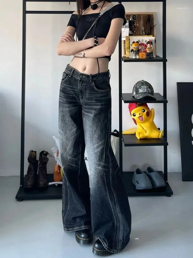 Женские джинсы HOUZHOU Grunge Y2k, черные женские мешковатые винтажные джинсовые брюки большого размера в стиле High Street, Готический Gyaru 2000-х годов Acubi Fashion