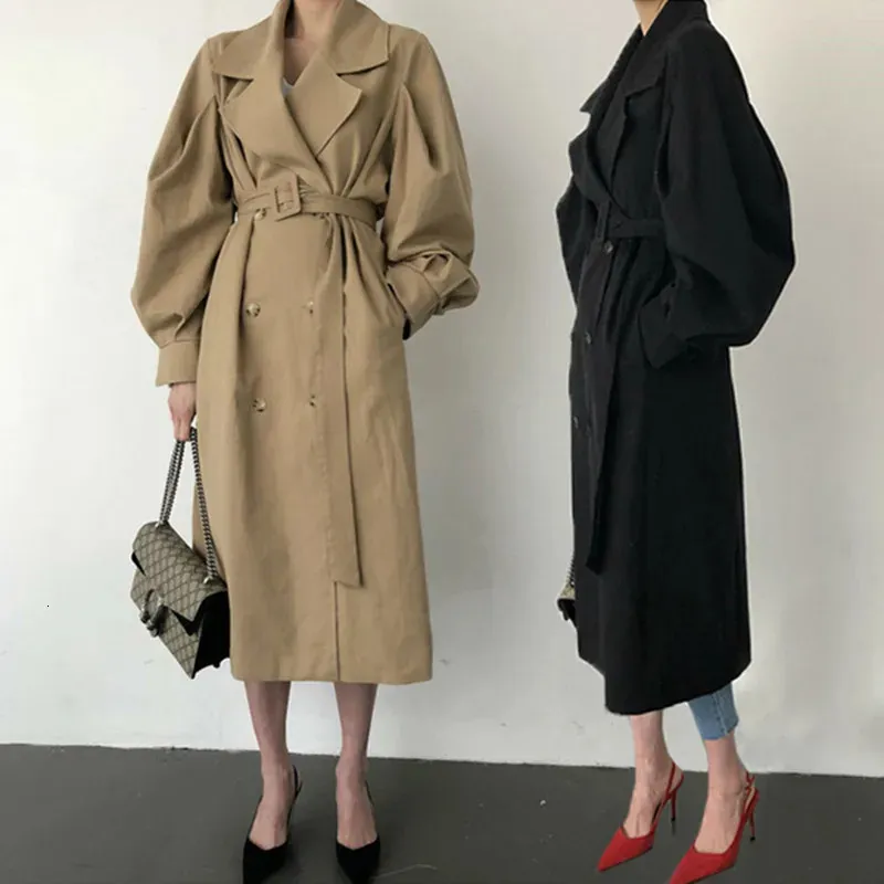 Elegante vrouwen Trench Coat Autumn Dubbele Breated Oversize Long Coat Lady Streetwear Korean Outwear Runway Wind Breaker 240408