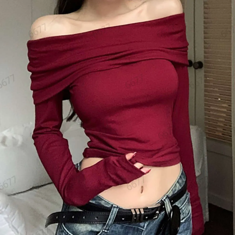 2024 New One Long Sleeved Spicy Girl Off the Shoulder Sexy Tight Bottom T-shirt for Women PG2226