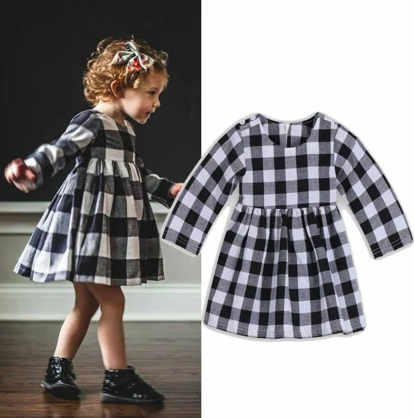 white black plaid cotton baby girl dress long sleeves Newborn Baby Girls Toddler Kids Dress Party Princess Wedding Tutu8050843