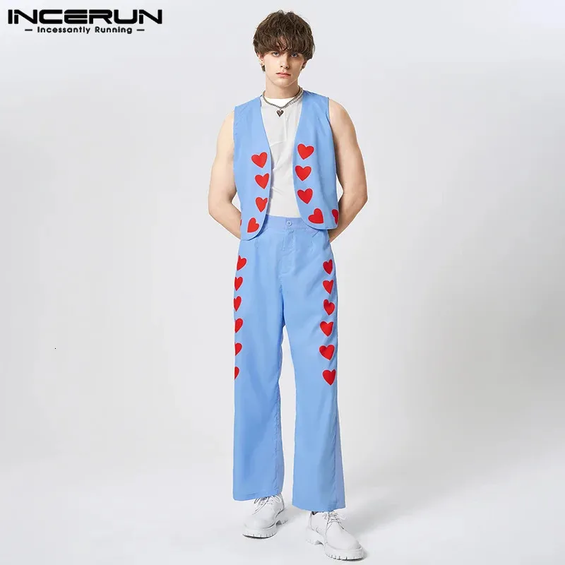 Casual Streetwear Style Set Incerun Mens Fashion Suit Love Printed Pattern Short Cardigan Waistcoat Pants Two-Piece Set S-5xl 240312