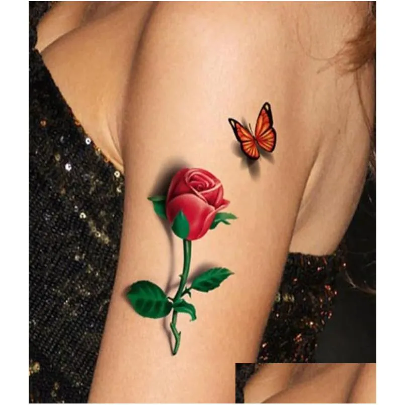 Tatuagens temporárias Wholetatoo 3D Rose Tattoo Flor Falso Borboleta Fantasia À Prova D 'Água Adesivos Mulheres Tatoo8540424 Drop Delivery Healt Dhsyw