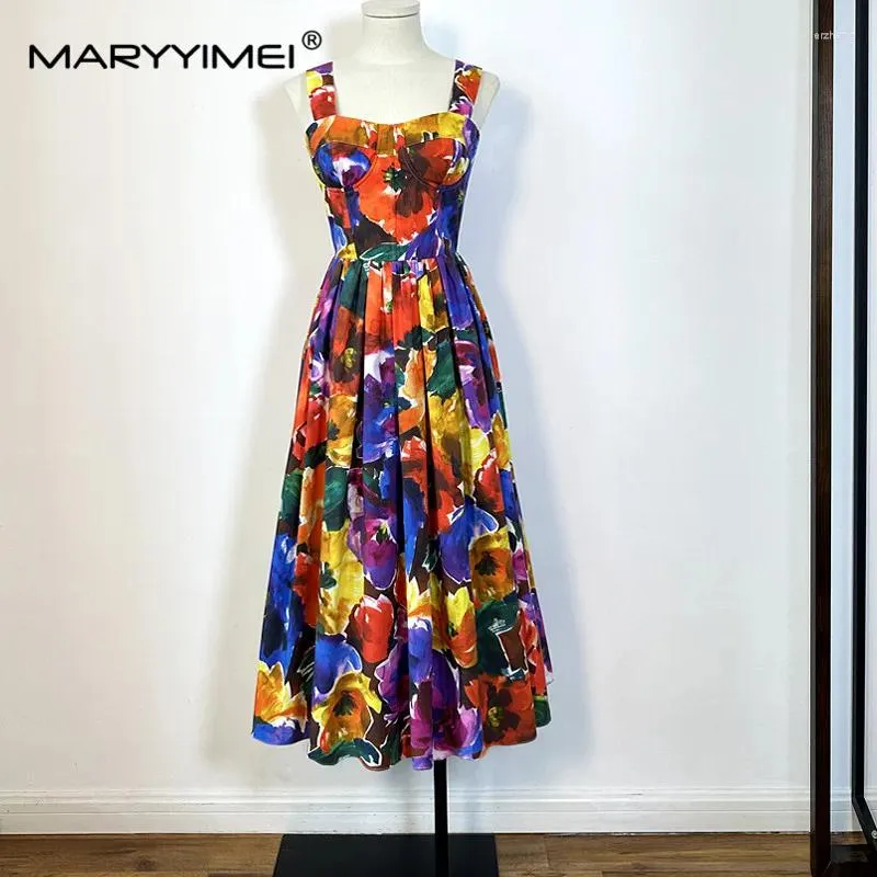 Sıradan elbiseler Maryyimei Moda Pist Tasarımcısı Yular Yaz Kadınlar El Boyalı Mor Poplin Saf Pamuk Büyük Salıncak Korse Elbise