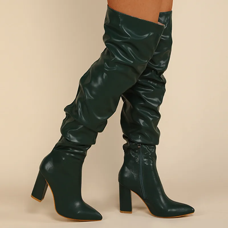 Women Thigh-High Boots New Fall and Winter Fashion Ruffled Chunky Heel High Boots Pile Boots Over The Knee Boots