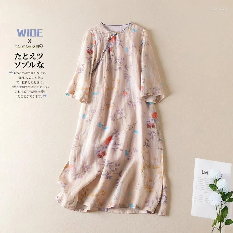 Party Dresses Limiguyue Floral Print Vintage Chinese Style Midi Dress Half Sleeve A-Line Soft Cotton Linen Loose Ramie Vestidos U821