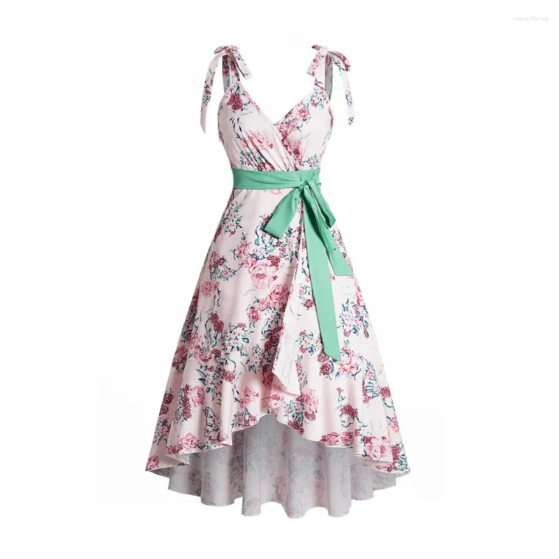 Casual Dresses Flower Print Tie Knot Shoulder Vacation High Low Sundress Surplice Plunge Self-belt Overlap Flounce Midi Dress 2024