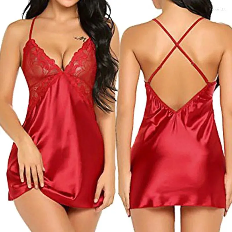 Kvinnors sömnkläder kvinnor Deep v Sexig Nightdress Lingerie Lace Silk Erotic Top Rygglös underkläder Nattklänning Hemkläder Pyjamas