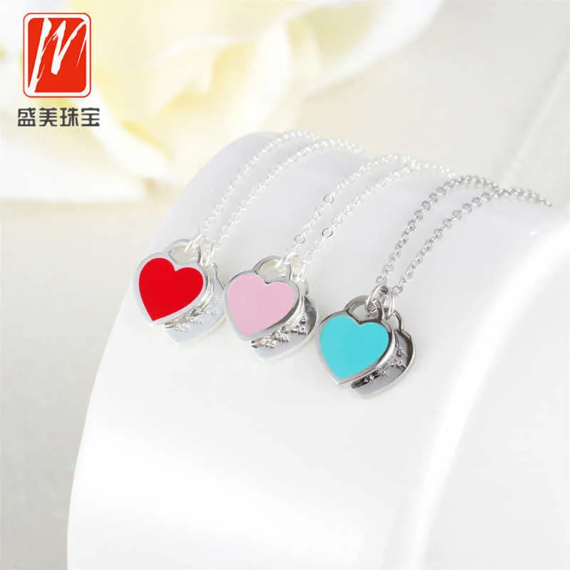 Colgante de corazón de amor de diseñador, collar de esmalte rojo, azul y rosa, cadena de clavícula a la moda para mujer, regalo para novia