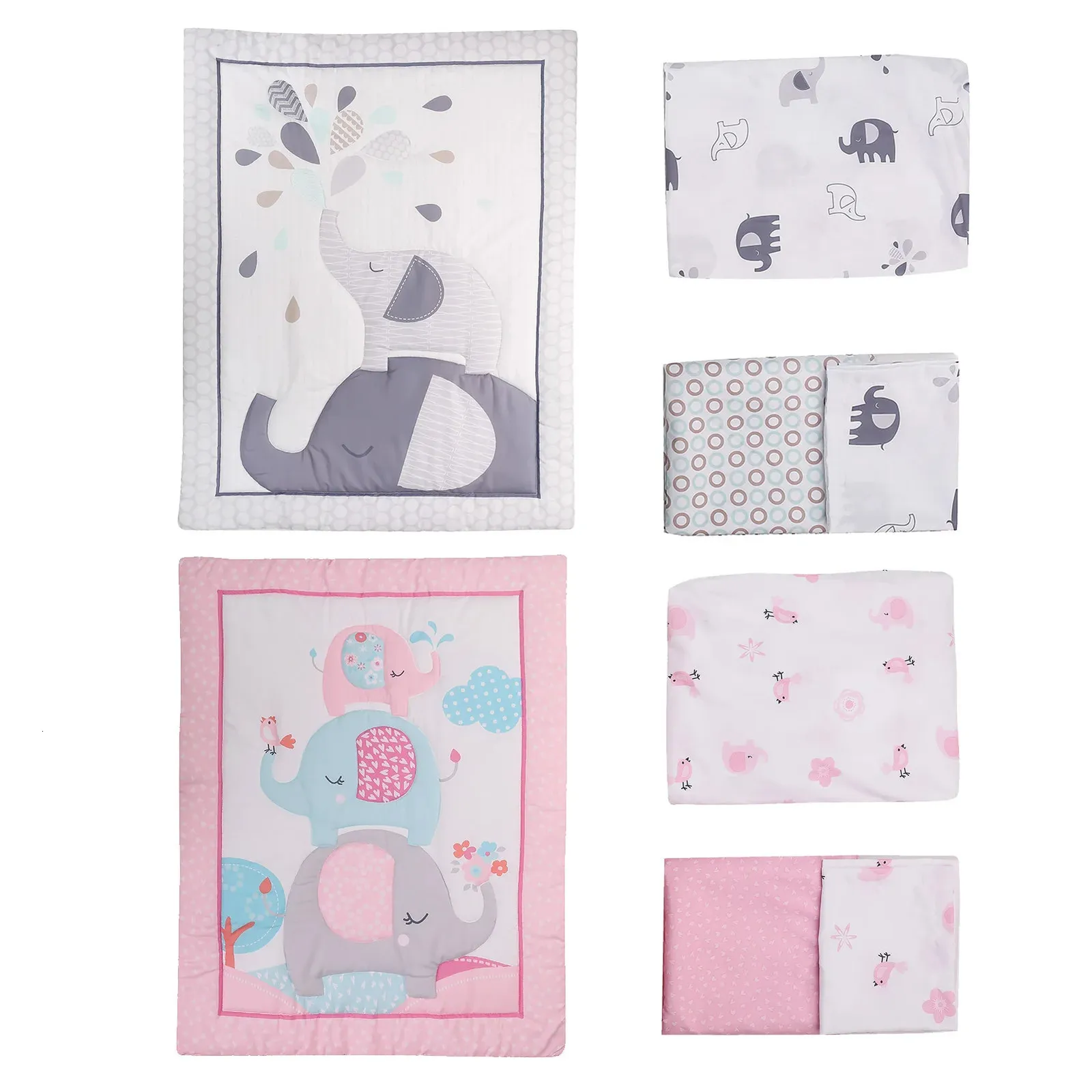 3pcs Baby Bedding Set Elephants موضوع سرير بما في ذلك تنورة ورقة السرير لحاف للبنين والبنات نوم هدية 240313