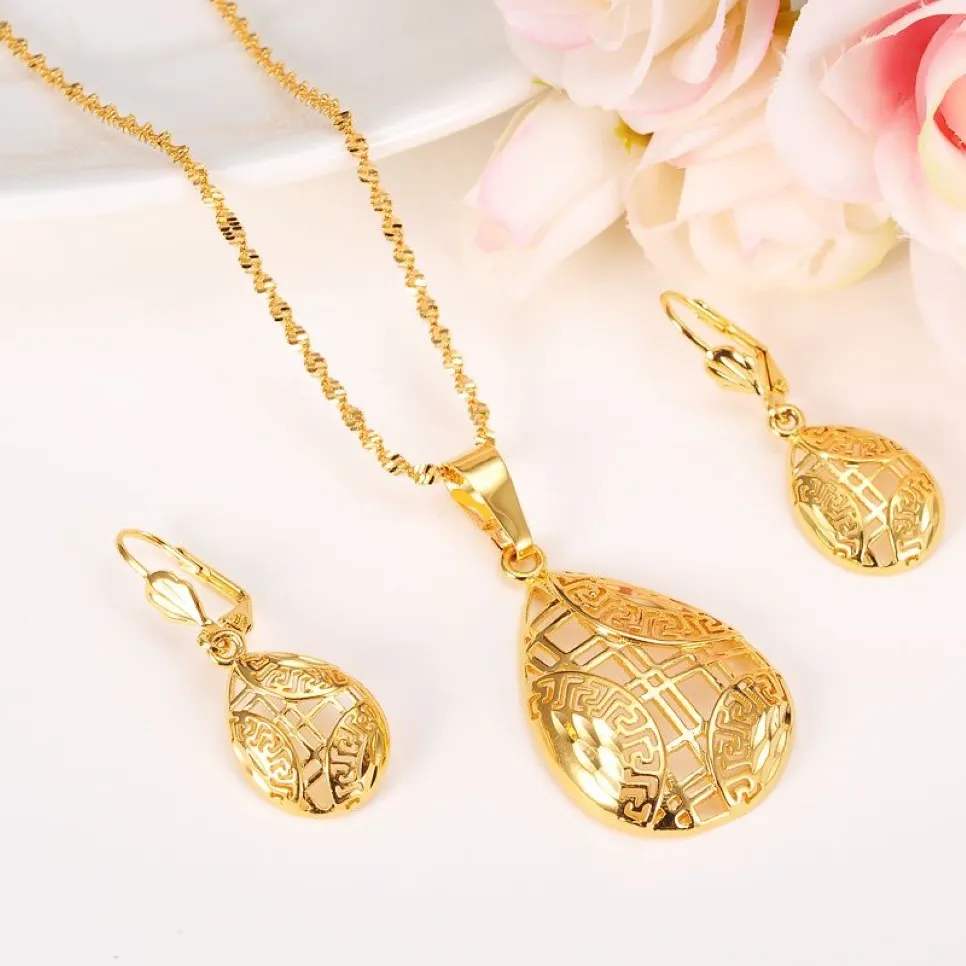 Ensembles de bijoux élégance collier boucles d'oreilles Fine 24k véritable or jaune massif GF petite amie amoureux fille cadeaux de mariage New314s