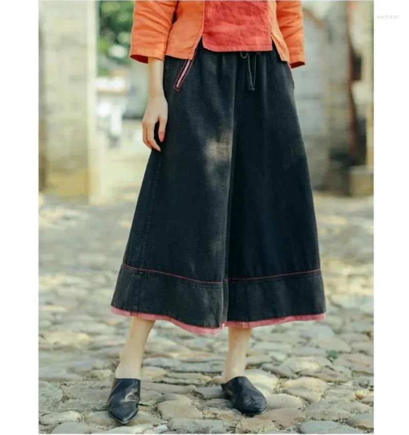 Calças femininas vintage linho solto perna larga estilo nacional bordado cintura alta reta saia tamanho grande