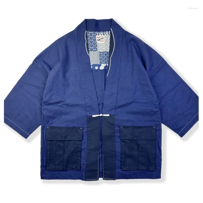 Męskie kurtki retro niebieskie barwione bawełnę i lniane 3/4 rękawu workowato