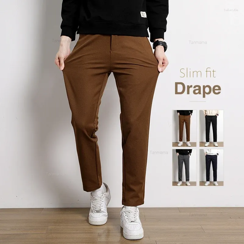 Calças masculinas clássico cor sólida casual não-elástico coreano solto negócios calças retas roupas de marca masculina preto cinza azul