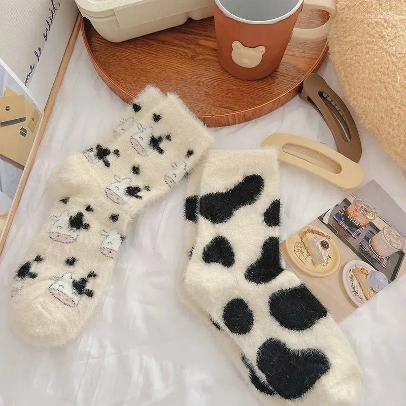 Women Socks Autumn Winter Cute Furry Mink Velvet Lovely Plush Spotted Thick Soft Comfortable Home Floor Sleeping Crew Warm