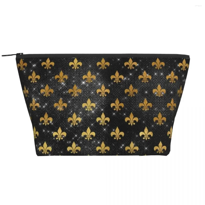 Cosmetic Bags Elegant Black And Gold Fleur De Lis Travel Toiletry Bag Fleur-De-Lys Lily Floral Makeup Beauty Storage Dopp Kit