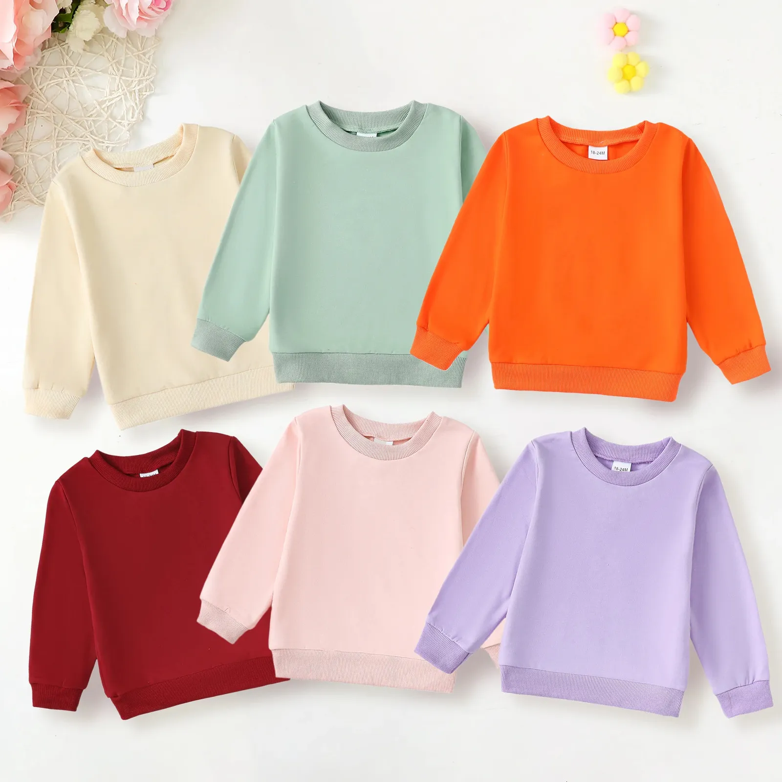 Basic Tops For Toddler Girls Solid Color Comfortable Long Sleeve Crew Neck Sweatshirt Fall And Winter Baby Girl 240314