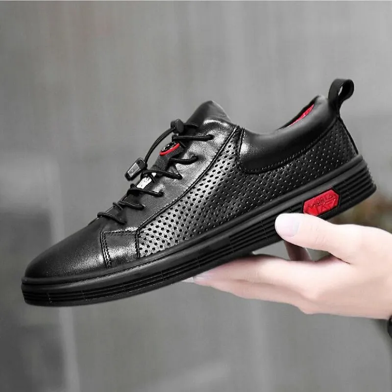 Men's board shoes Fashion trend elastic breathable flat casual shoes cowhide hollow breathable men's shoes zapatillas de hombre A14