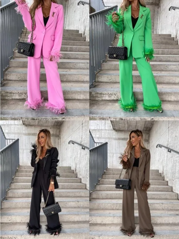 Blazer de manga de plumas, conjuntos de pantalones con plumas, chaqueta de un solo botón a la moda para mujer, pantalones con cremallera, trajes de oficina para primavera y otoño, prendas de vestir