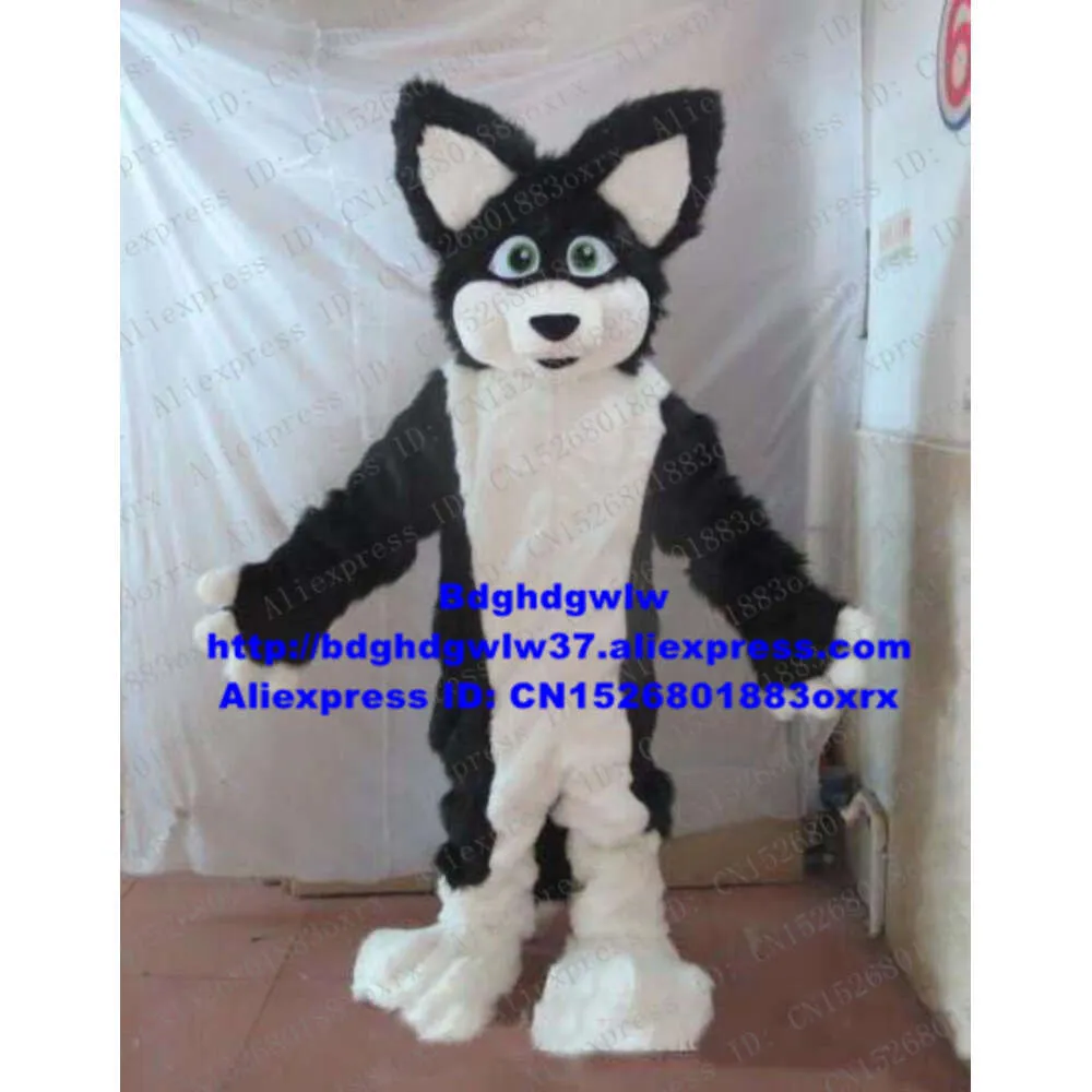 Costumi mascotte Nero Bianco Pelliccia lunga Lupo peloso Volpe Husky Cane Fursuit ALASKAN Costume mascotte Cartone animato adulto Prestazioni sociali Grande festa Zx494