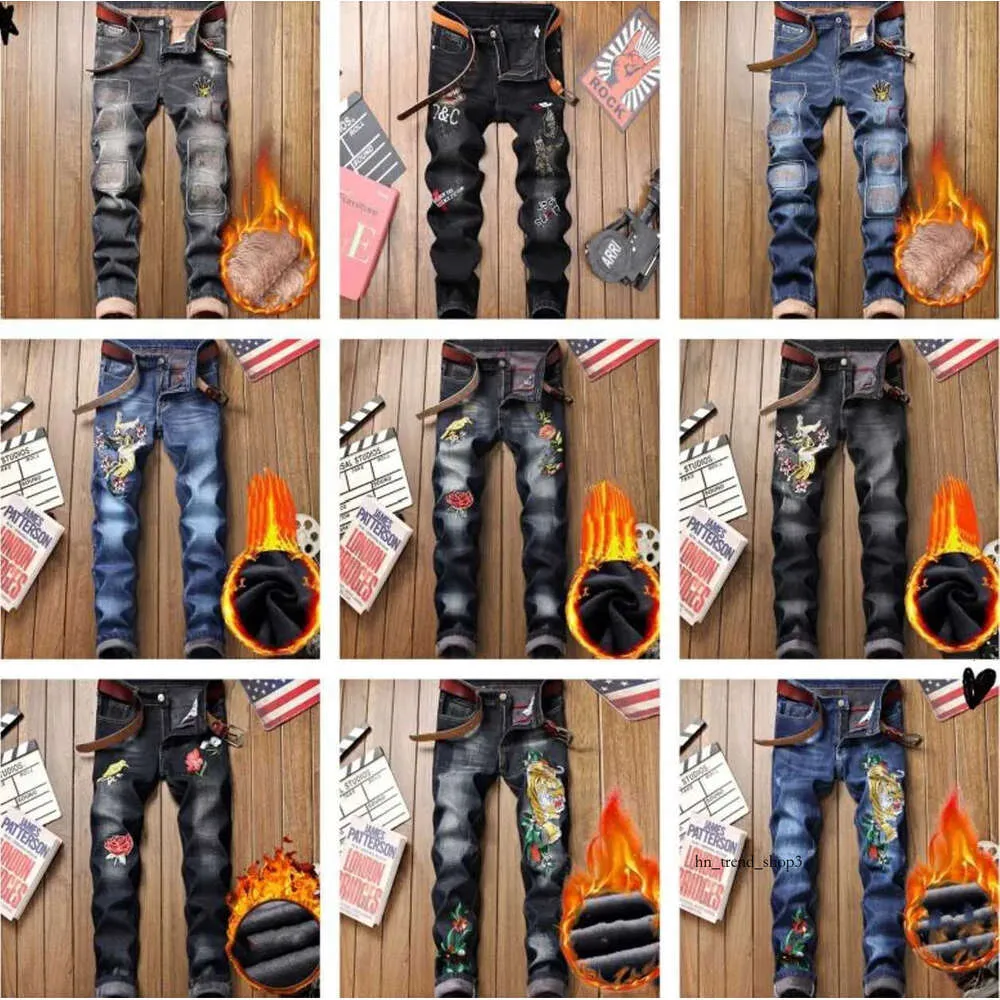 Denim designer buraco jeans de alta qualidade rasgado para homens tamanho 28-38 40 outono inverno mais veludo hip hop punk streetwear calças 165