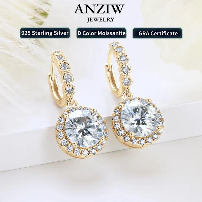 ANZIW REAL Sparkling 30 CT D Drop Hoop Earrings 100% 925 Silver Gold Plated 20CT Hanging Earring for Women Jewelry 240227