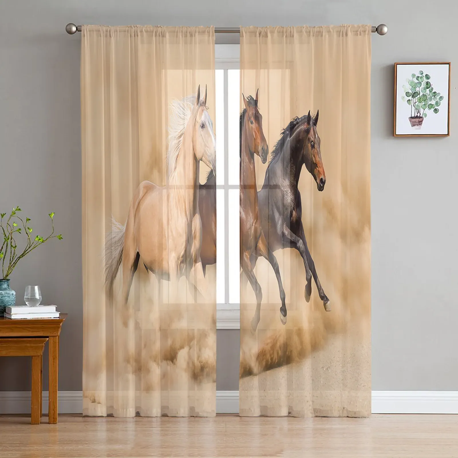 Rideaux en Tulle avec motif cheval courant, traitement de fenêtre moderne, transparent, pour cuisine, salon, chambre à coucher, décoration