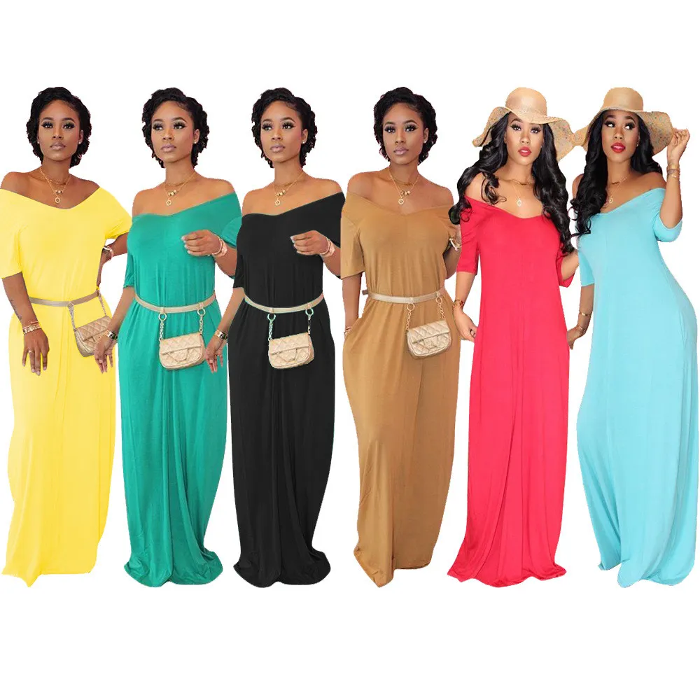 2024 Designer Maxi Dresses Plus size 3XL Women Short Sleeve Loose Dress Summer Sexy Solid Long Dress Party Street Wear Bulk Wholesale Clothing 10748-1