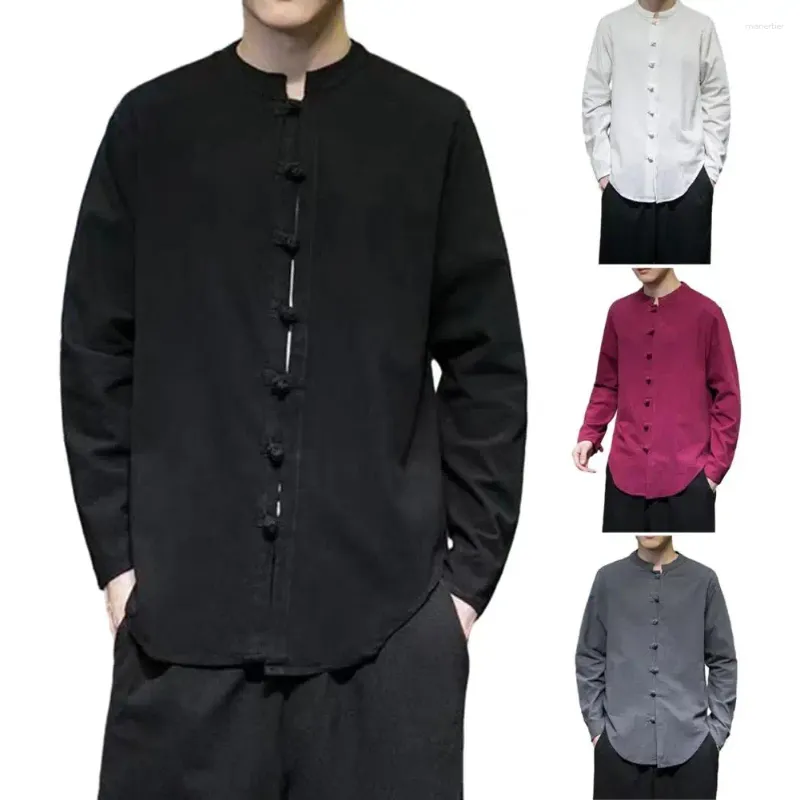 Men's Casual Shirts Men Fall Shirt Chinese Style Stand Collar Spring With Knot Button Single-breasted Solid Color Long Sleeve Loose Mid