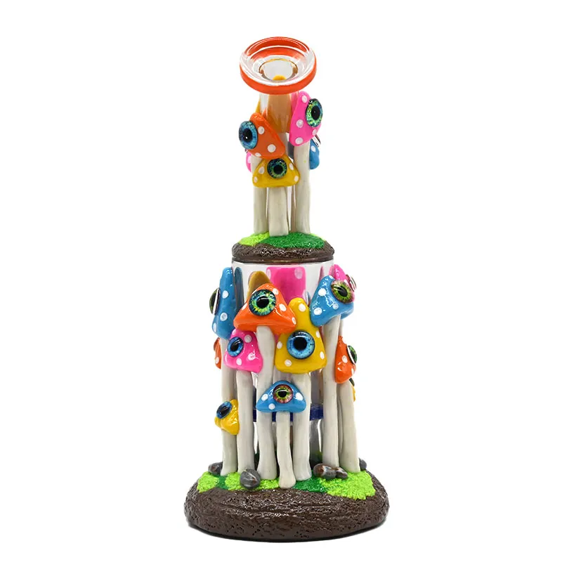 9.4in,Glass Bubbler With Fixed Diffuser Downstem Water Pipe Bongs,Colorful Polymer Clay Mushrooms Evil Eyes Smoking Item,Evil Eyes With Glow In Dark