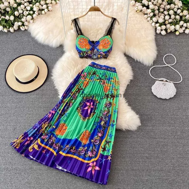 Boho Beach Two-Piece Set Summer Holiday Strapless Top Mermaid Skirt,  Sexy Fashion Dot Print Chiffon Outfit
