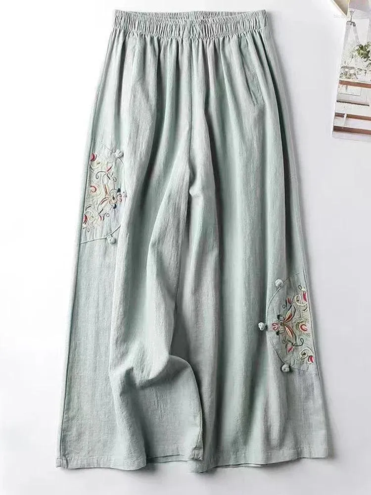 Calças femininas algodão misturado calças femininas senhoras casual flor reta bordado solto perna larga para mulher pantalon femme e244