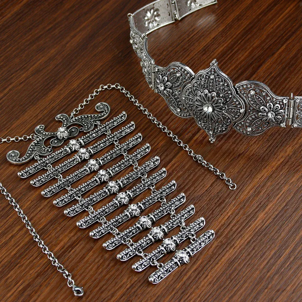 Sunspicems Retro Silver Color Caucasia Women Belt Breastplate Traditional Wedding Jewelry Sets Court Performance 240311