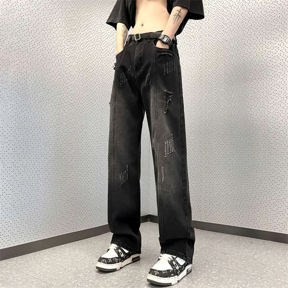 Pants Spring and Autumn, Black Wide Leg Distressed Jeans for Men in Trendy Instagram, Versatile, Loose Fitting, Straight Leg, High Street American Style
