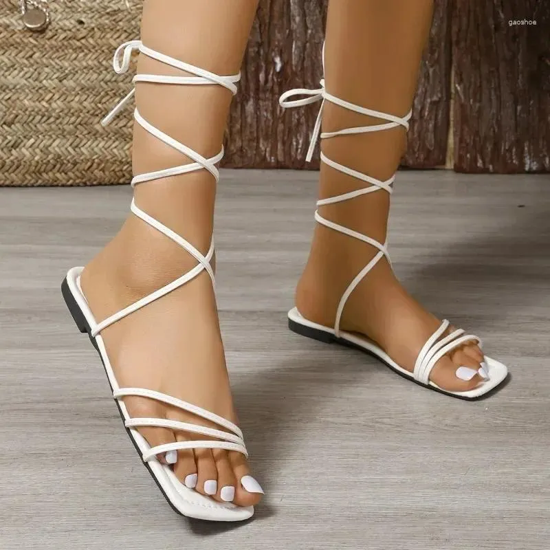 Solid Color Flat Sandals Women S Open Round Toe Ankle Buckle - Temu New...