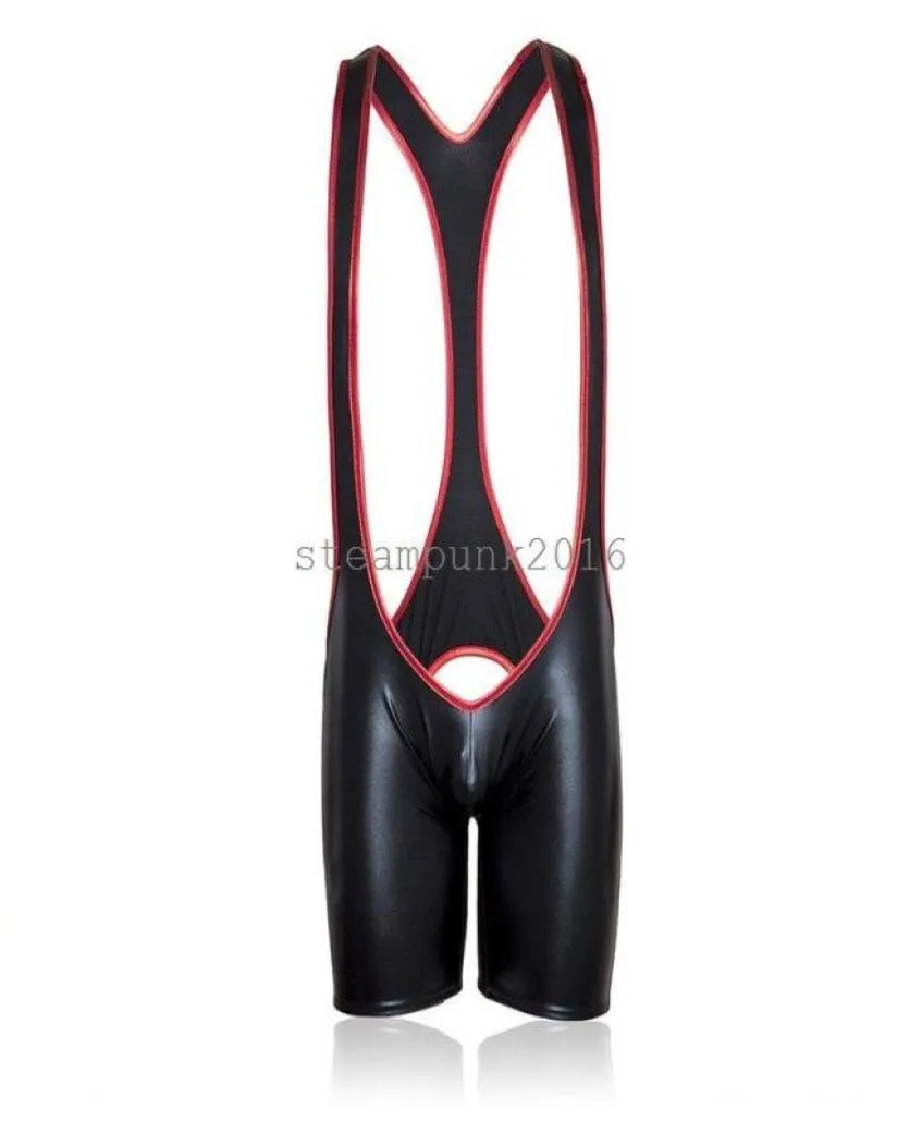 Patent Leather Singlet Mankini Backless Thong For Mens Wrestling And