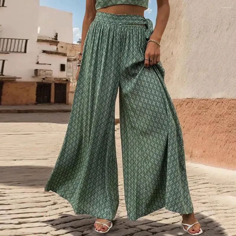 Calças femininas Mulheres Lace-up Cintura Alta Perna Larga A-Linha Culottes Impresso Profundo Crotch Tornozelo Comprimento Solto Macio Respirável Senhora Calças Longas