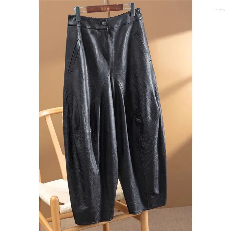 Женские брюки Limiguyue, уличная одежда, черные женские брюки из искусственной кожи с карманами и эластичной резинкой на талии, винтажные осенне-зимние брюки до щиколотки E343