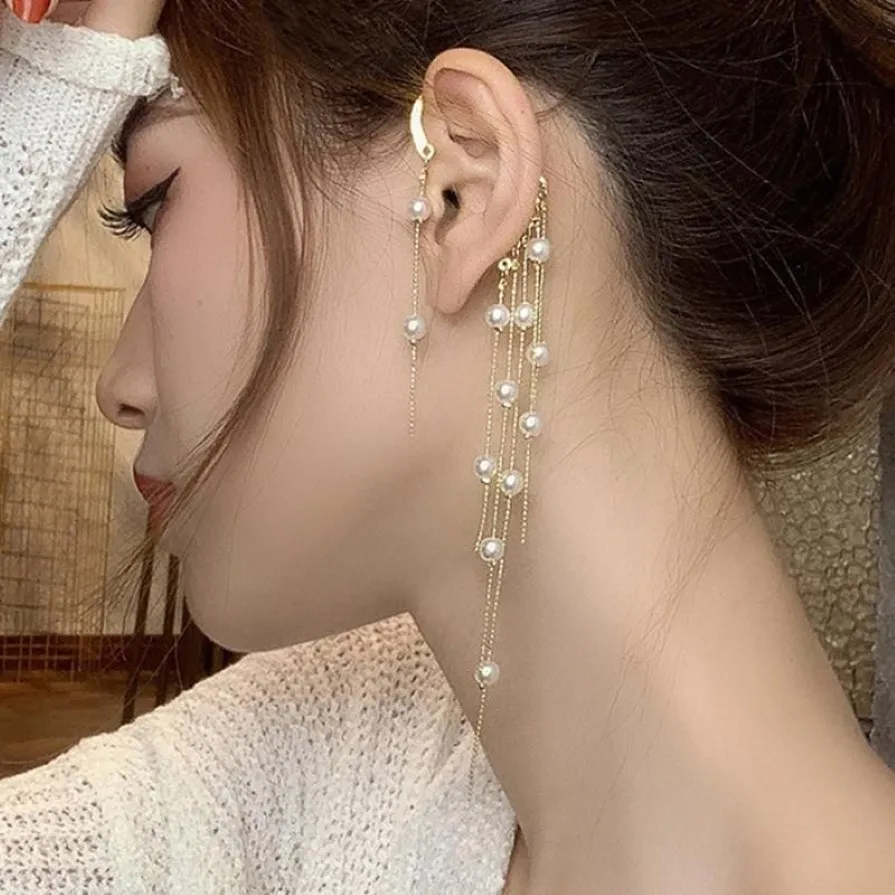 Dangle & Chandelier Vintage Pearl Tassel Ear Wrap Crawler Earrings For Women Party Non-Piercing Long Hanging Hook Wedding Jewelry183x