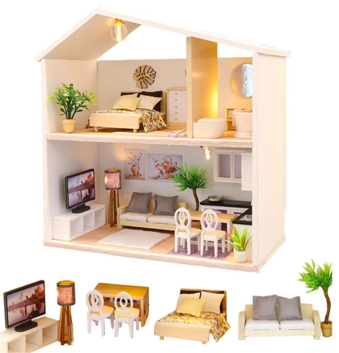 Dernières 124 maison de poupée miniature salle de bains en bois bricolage maison de poupée enfants jouets chambre avec accessoires de cuisine jouets pour enfants MX200417708561