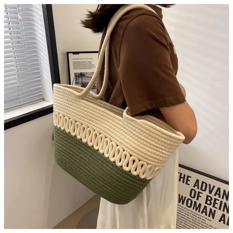 Shoulder Bag Hollow Cotton Woven New Summer Large Capacity French Straw Woven Seaside Holiday Beach Bag for Women