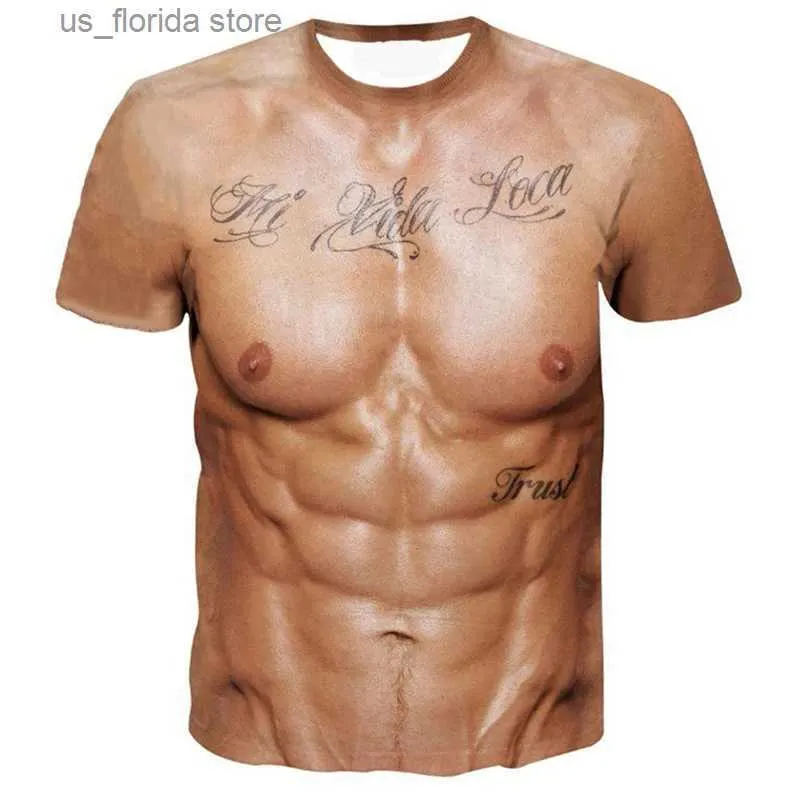 T-shirty męskie zabawne fałszywe t-shirt z mięśniami męski letni moda swobodny sport