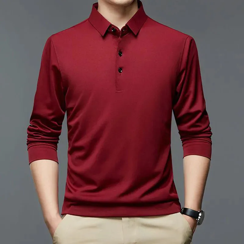 패션 남성 사업 솔리드 폴로 셔츠 스프링 가을 면화 긴 소매 버튼 옷깃 수컷 의류 느슨한 캐주얼 티셔츠 탑 240314