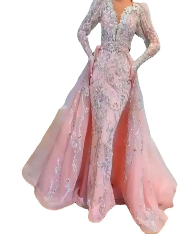 Plus Size Pink Sequins Mermaid Prom Dresses Elegant Long Sleeves Evening Gowns 2022 Off Shoulder Women Cheap Formal Dresses7619800