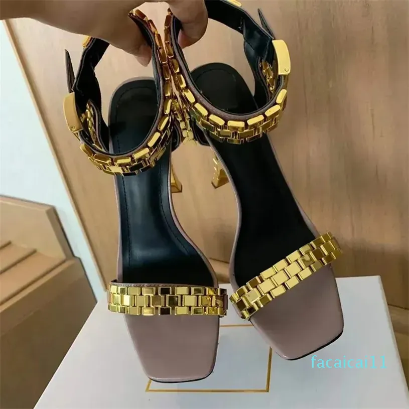 Relógio metálico romano com sandálias 105mm show feminino mostra sapatos de grife de luxo de couro de alta qualidade salto alto sapato de fábrica tamanho 35-41