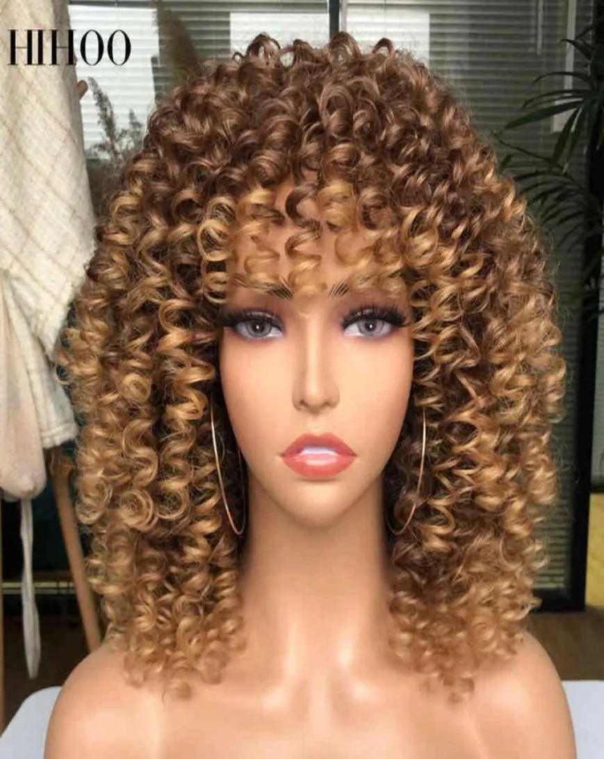 Синтетические парики для косплея Афро-кудрявый вьющийся парик с челкой Короткие синтетические парики для чернокожих женщин Омбер-коричневый Блондинка без клея Cospl6398645