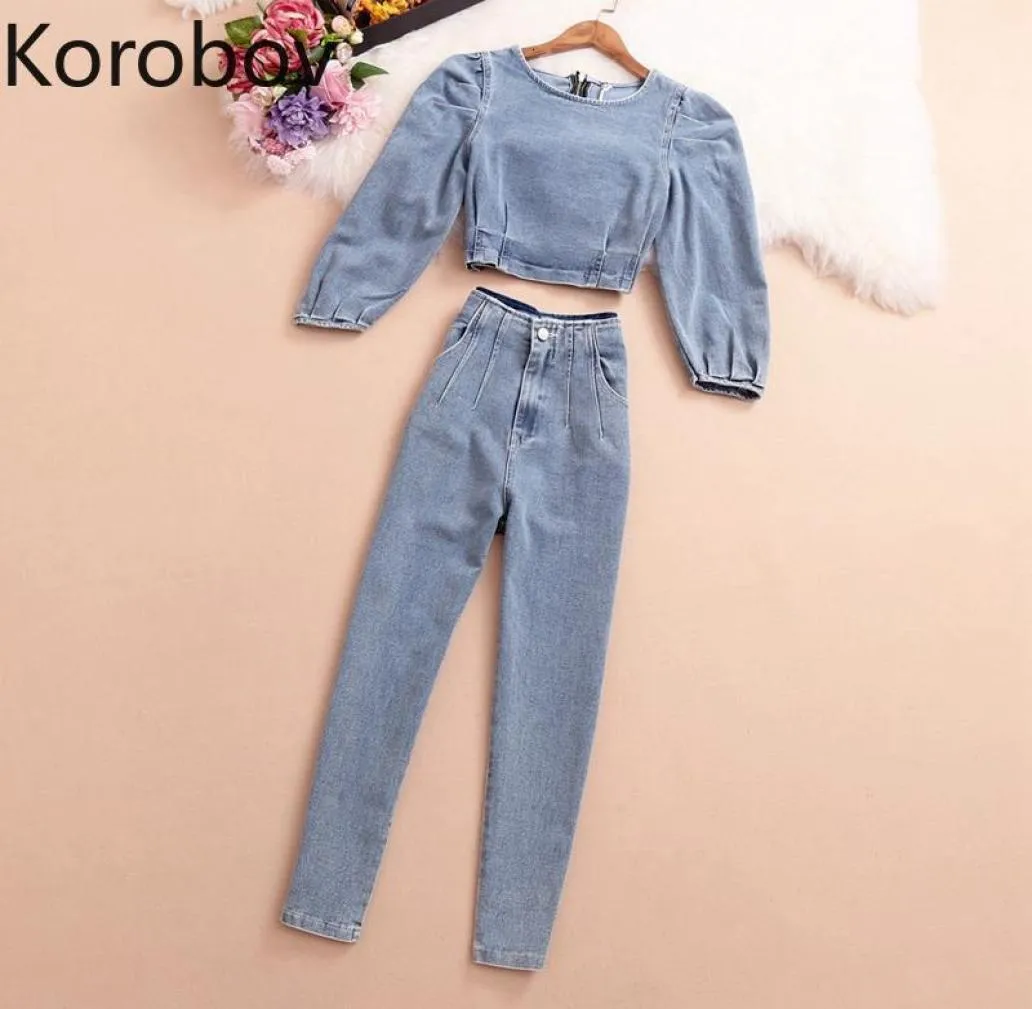 Korobov Streetwear Denim Kadın 2 Pices Setleri Kore O boyun puflu kol mahsul üst ve yüksek bel fermuar pantolon kıyafetler femme 2015245765