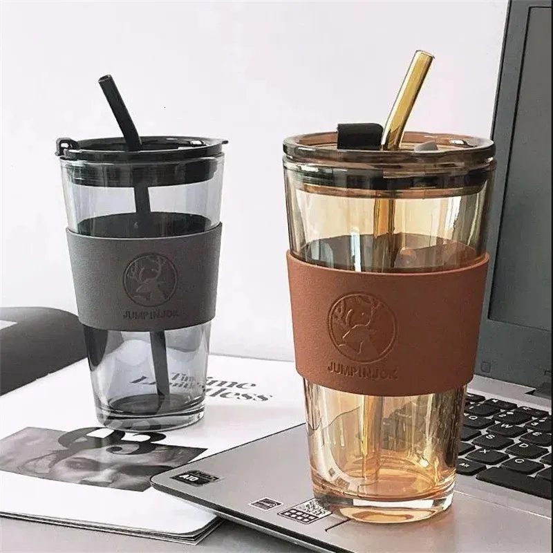 Tasse de paille de café de 350/450 ml avec couvercle bouteille d'eau résistante à la chaleur tasse de café de boisson de bière avec verre en cuir imprimé de cerf de paille 240327