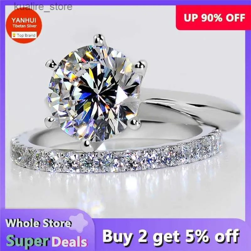 Klusterringar fantastiska! Luxury 1,5CT Zircon Rings Set Solid White Tibetan Silver Wedding Band Set For Women Stapelbar Ring Allergy Free SMEEXKE L240315